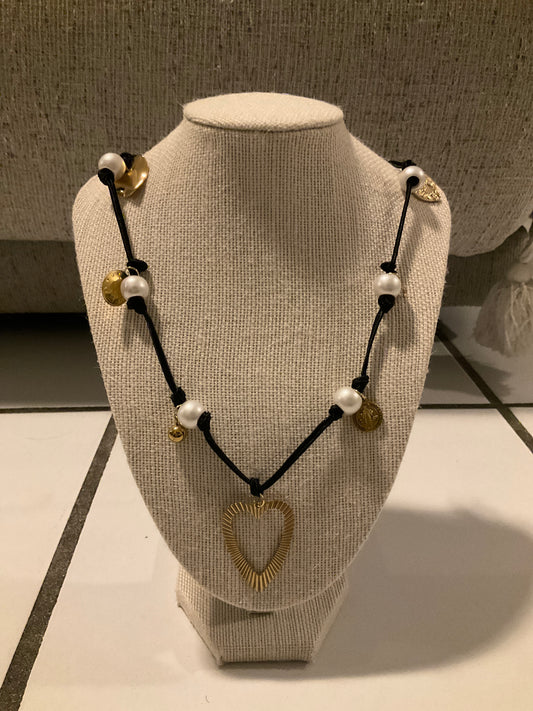 Black cord gold charms and pearls