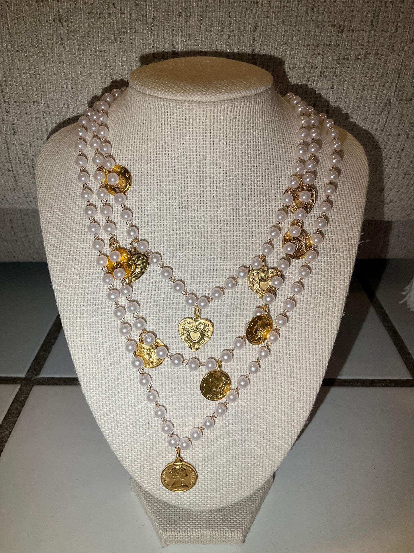 Pearl Necklace with Gold Charms