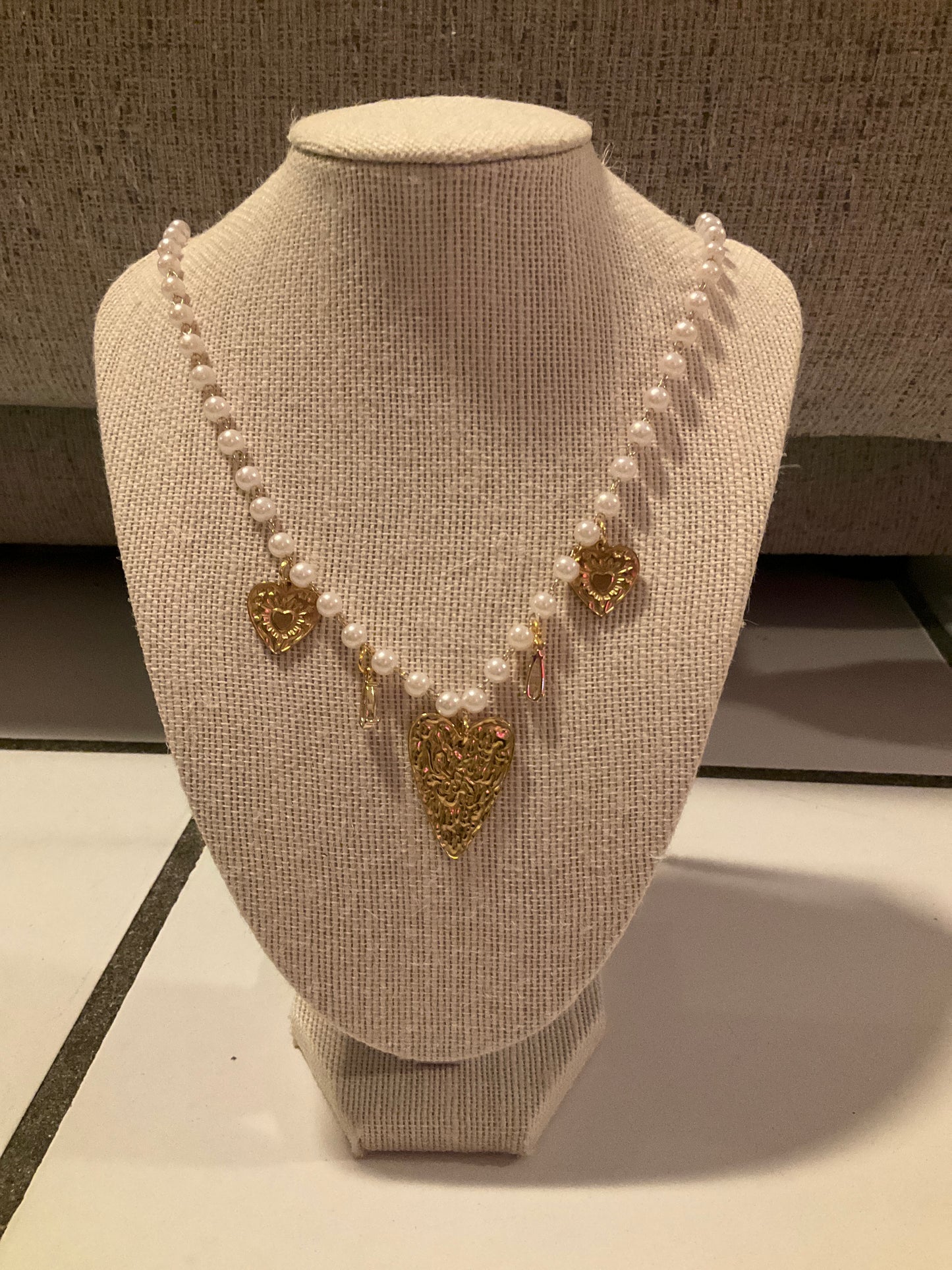 Long Pearl Necklace with Gold Charms